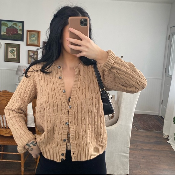 Eddie Bauer tan cable knit button up cardigan size m - Picture 2 of 7